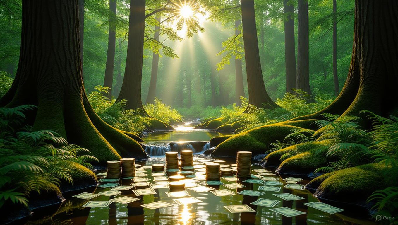 A stream in a forest of cash and coins