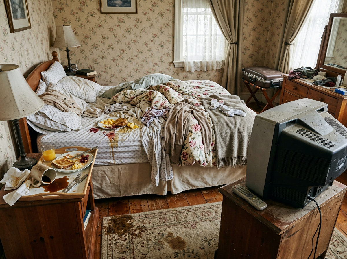Unmade bed with floral blankets, spilled breakfast on sheets and nightstand, old TV on wooden stand